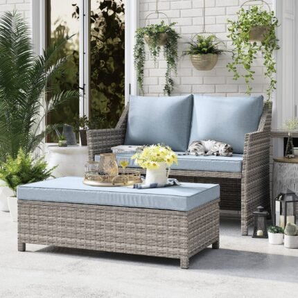 2pcs Loveseat Set with Storage Bin Wicker Outdoor Conversation Set